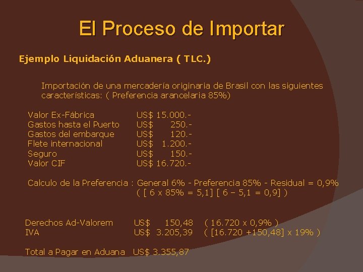 El Proceso de Importar Ejemplo Liquidación Aduanera ( TLC. ) Importación de una mercadería