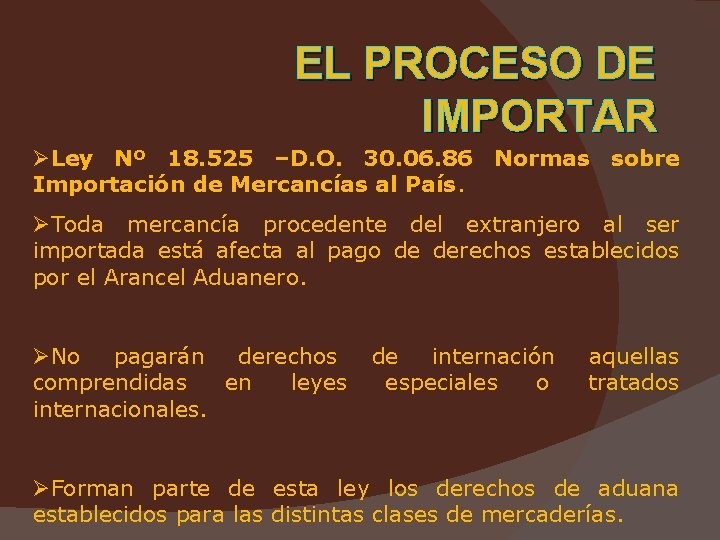 EL PROCESO DE IMPORTAR ØLey Nº 18. 525 –D. O. 30. 06. 86 Normas