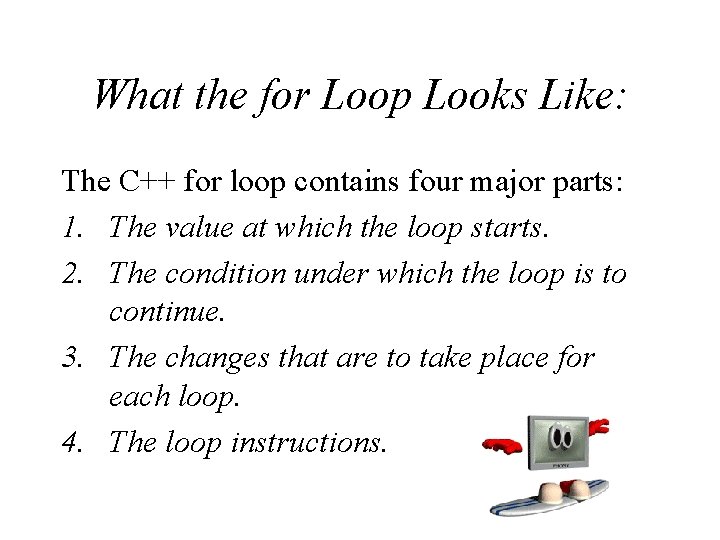 What the for Loop Looks Like: The C++ for loop contains four major parts: