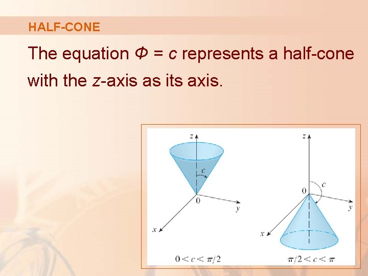 HALF-CONE The equation Φ = c represents a half-cone with the z-axis as its