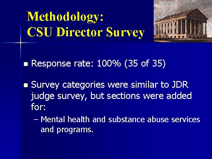 Methodology: CSU Director Survey n Response rate: 100% (35 of 35) n Survey categories