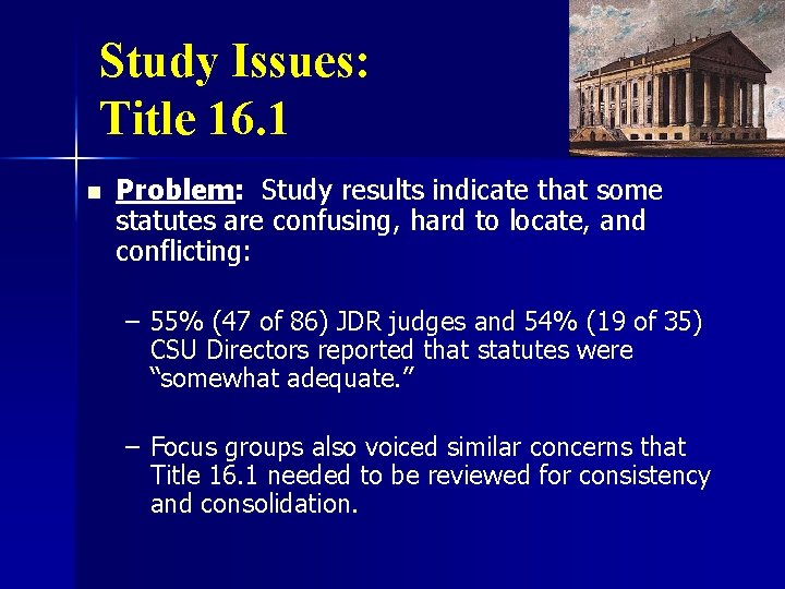 Study Issues: Title 16. 1 n Problem: Study results indicate that some statutes are