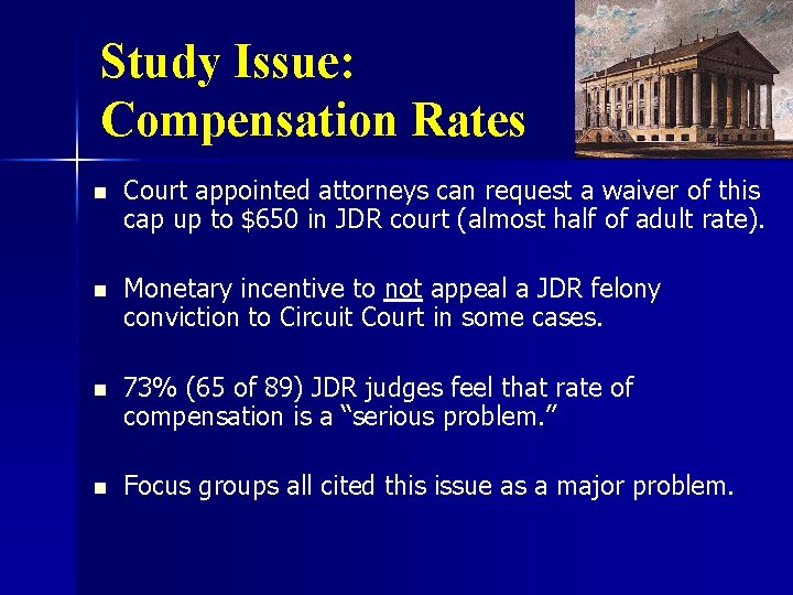 Study Issue: Compensation Rates n Court appointed attorneys can request a waiver of this