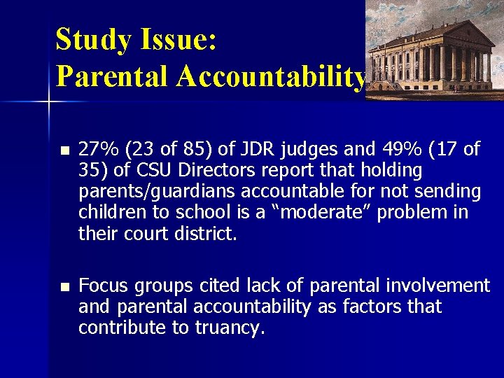 Study Issue: Parental Accountability n 27% (23 of 85) of JDR judges and 49%