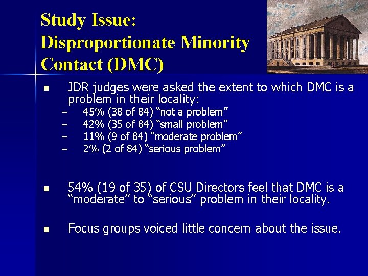 Study Issue: Disproportionate Minority Contact (DMC) n JDR judges were asked the extent to