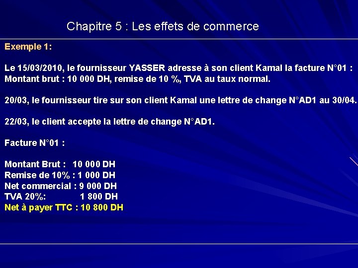 Chapitre 5 : Les effets de commerce Exemple 1: Le 15/03/2010, le fournisseur YASSER