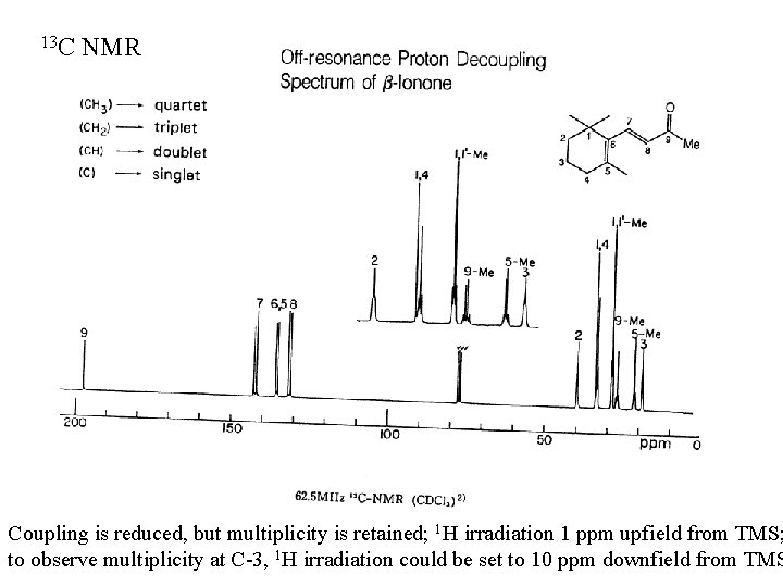 13 C NMR Coupling is reduced, but multiplicity is retained; 1 H irradiation 1