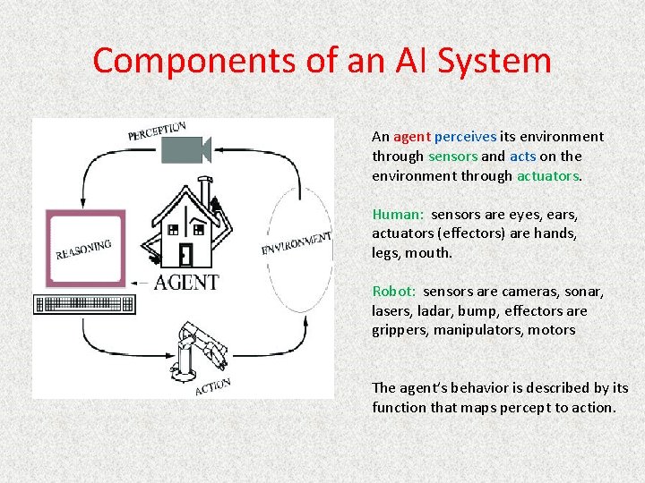 Components of an AI System An agent perceives its environment through sensors and acts