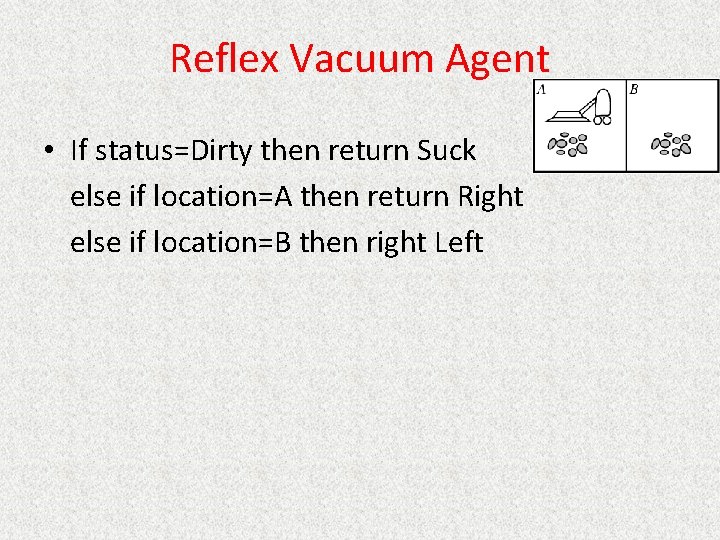 Reflex Vacuum Agent • If status=Dirty then return Suck else if location=A then return