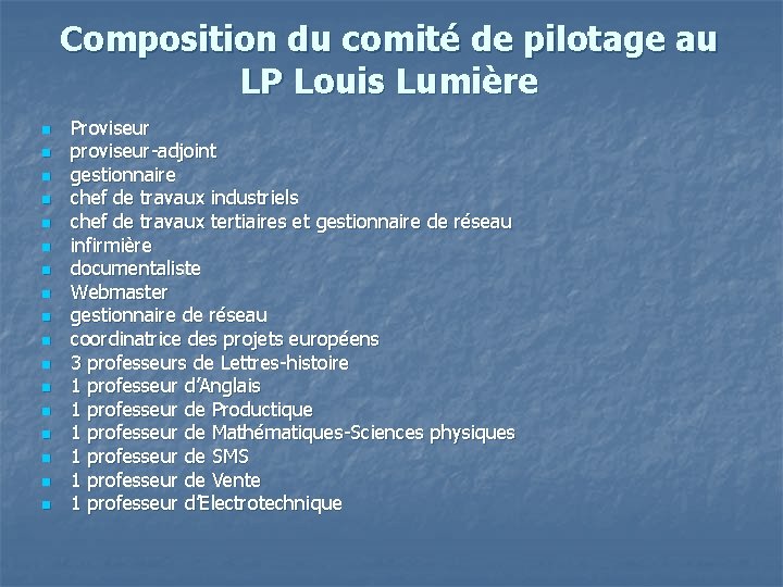 Composition du comité de pilotage au LP Louis Lumière n n n n n