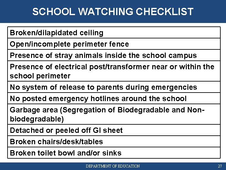 SCHOOL WATCHING CHECKLIST Broken/dilapidated ceiling Open/incomplete perimeter fence Presence of stray animals inside the