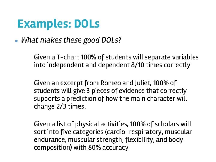 Examples: DOLs ● What makes these good DOLs? Given a T-chart 100% of students