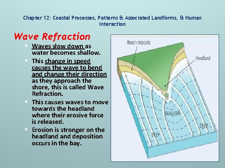 Chapter 12: Coastal Processes, Patterns & Associated Landforms, & Human Interaction Wave Refraction §