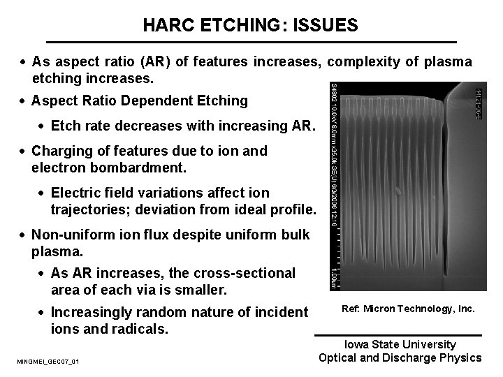HARC ETCHING: ISSUES · As aspect ratio (AR) of features increases, complexity of plasma