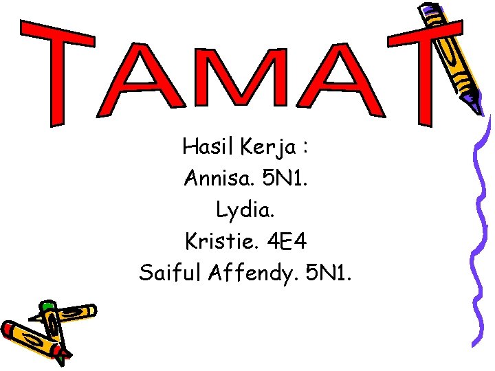 Hasil Kerja : Annisa. 5 N 1. Lydia. Kristie. 4 E 4 Saiful Affendy.