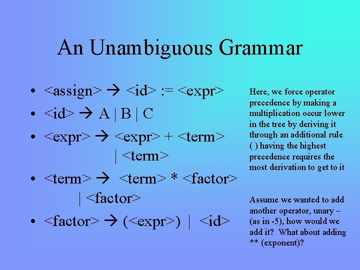 An Unambiguous Grammar • <assign> <id> : = <expr> • <id> A | B