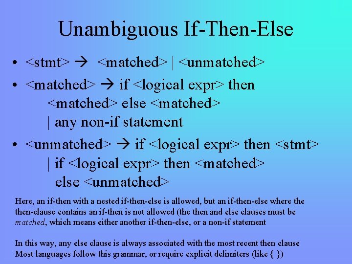 Unambiguous If-Then-Else • <stmt> <matched> | <unmatched> • <matched> if <logical expr> then <matched>