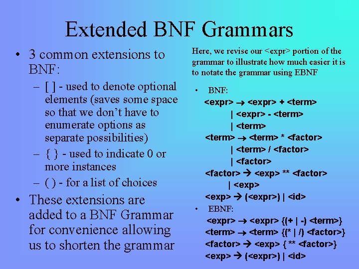 Extended BNF Grammars • 3 common extensions to BNF: – [ ] - used