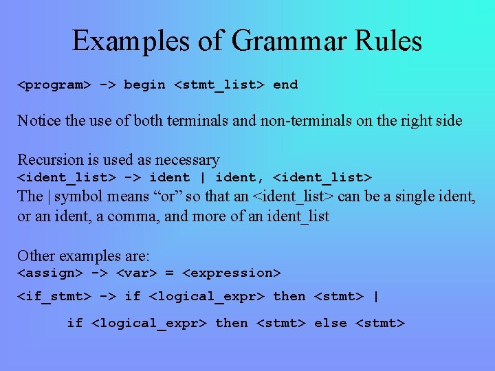 Examples of Grammar Rules <program> -> begin <stmt_list> end Notice the use of both