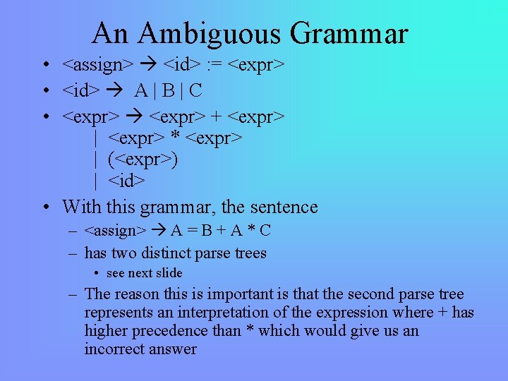 An Ambiguous Grammar • <assign> <id> : = <expr> • <id> A | B