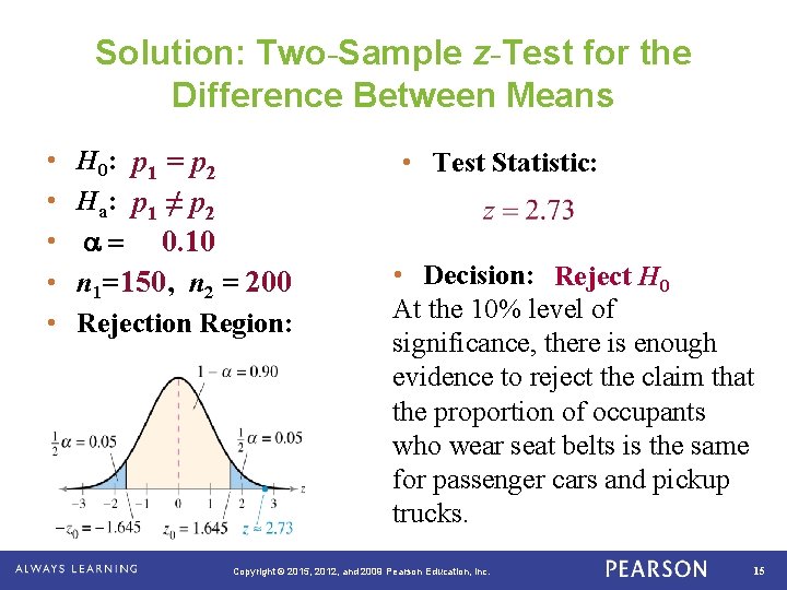Solution: Two-Sample z-Test for the Difference Between Means • • • . H 0: Solution: Two-Sample z-Test for the Difference Between Means • • • . H 0: