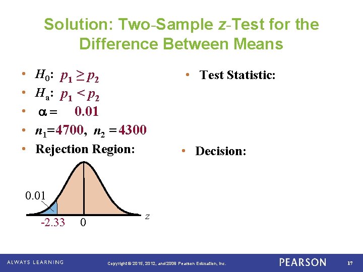 Solution: Two-Sample z-Test for the Difference Between Means • • • H 0: p Solution: Two-Sample z-Test for the Difference Between Means • • • H 0: p