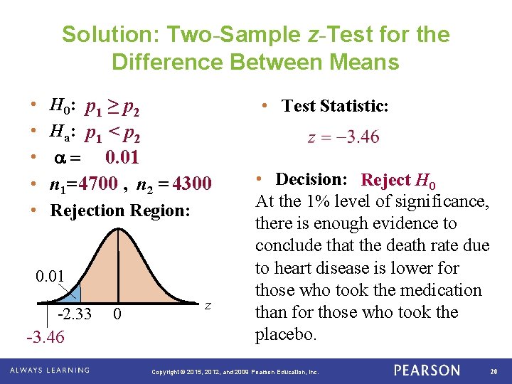 Solution: Two-Sample z-Test for the Difference Between Means • • • H 0: p Solution: Two-Sample z-Test for the Difference Between Means • • • H 0: p