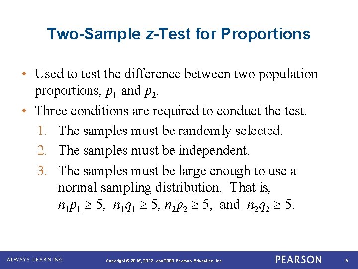 Two-Sample z-Test for Proportions • Used to test the difference between two population proportions, Two-Sample z-Test for Proportions • Used to test the difference between two population proportions,