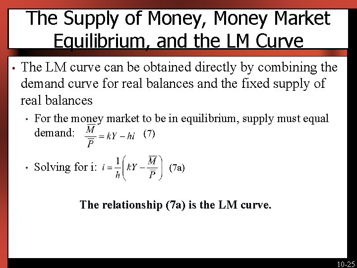 The Supply of Money, Money Market Equilibrium, and the LM Curve • The LM