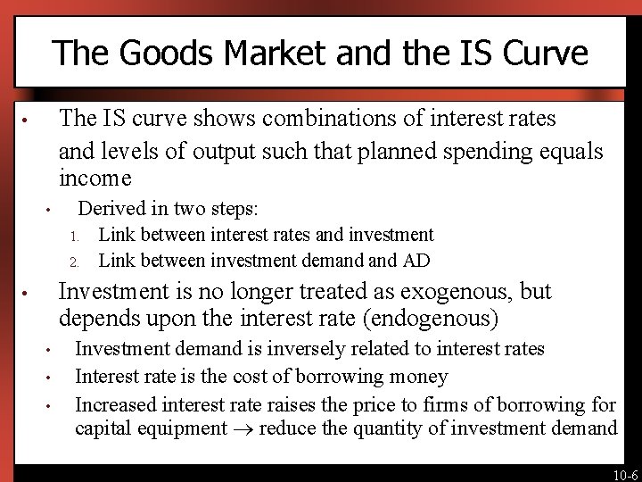 The Goods Market and the IS Curve The IS curve shows combinations of interest