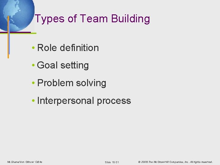 Types of Team Building • Role definition • Goal setting • Problem solving •