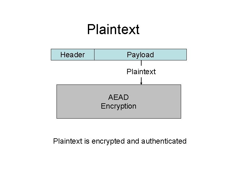Plaintext Header Payload Plaintext AEAD Encryption Plaintext is encrypted and authenticated 