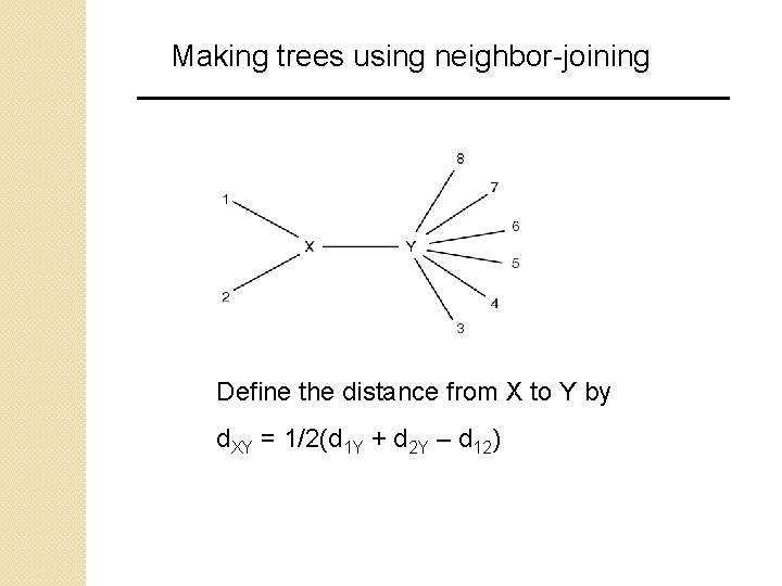 Making trees using neighbor-joining Define the distance from X to Y by d. XY