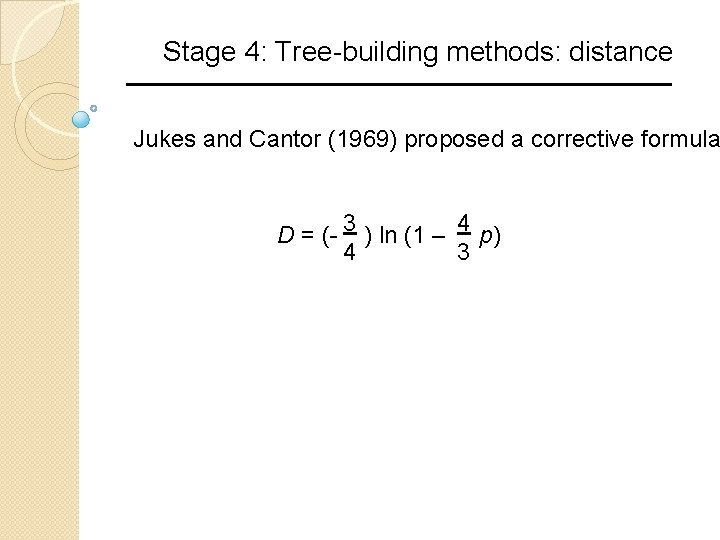 Stage 4: Tree-building methods: distance Jukes and Cantor (1969) proposed a corrective formula D