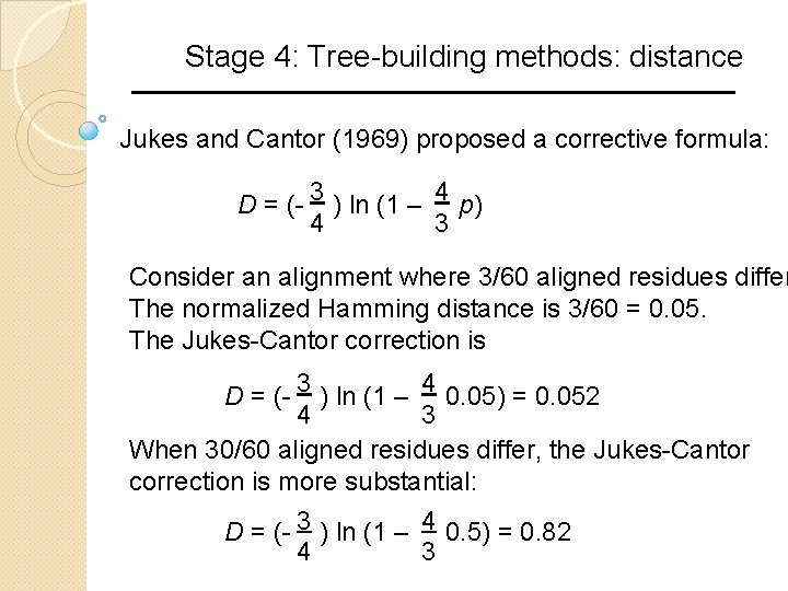 Stage 4: Tree-building methods: distance Jukes and Cantor (1969) proposed a corrective formula: D