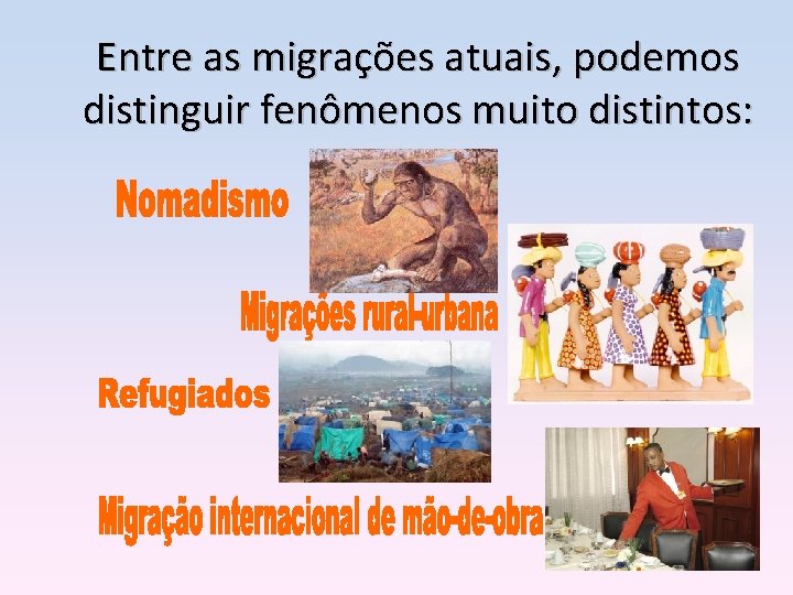 Entre as migrações atuais, podemos distinguir fenômenos muito distintos: 