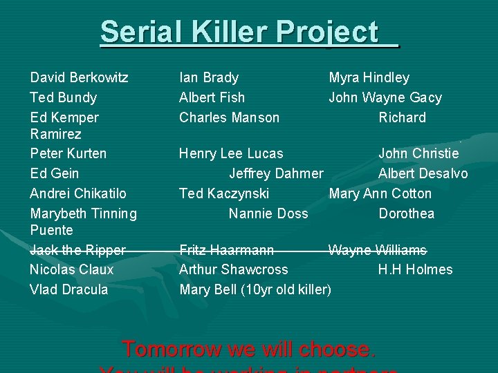 Serial Killer Project David Berkowitz Ted Bundy Ed Kemper Ramirez Peter Kurten Ed Gein