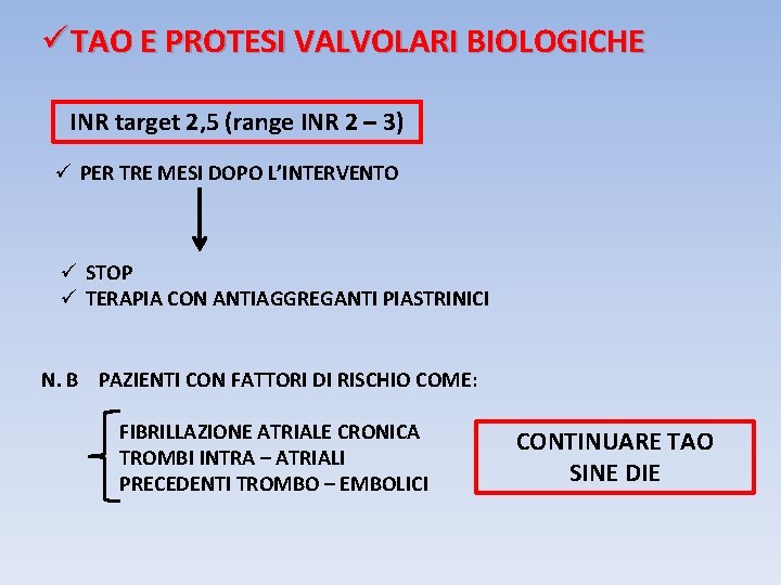 ü TAO E PROTESI VALVOLARI BIOLOGICHE INR target 2, 5 (range INR 2 –