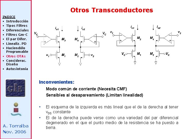 Otros Transconductores INDICE • Introducción • Tipos Filtros • Diferenciales • Filtros Gm-C •