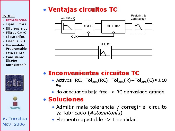  • Ventajas circuitos TC INDICE • Introducción • Tipos Filtros • Diferenciales •