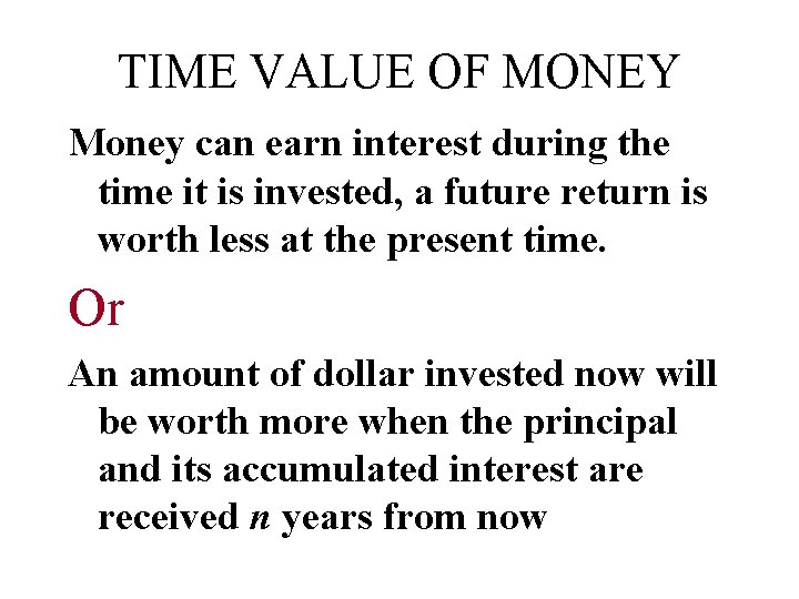 TIME VALUE OF MONEY Money can earn interest during the time it is invested,