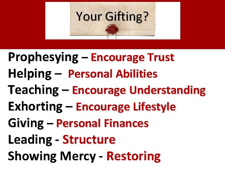 Your Gifting? Prophesying – Encourage Trust Helping – Personal Abilities Teaching – Encourage Understanding Your Gifting? Prophesying – Encourage Trust Helping – Personal Abilities Teaching – Encourage Understanding