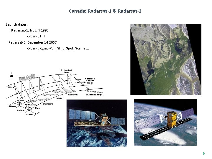 Canada: Radarsat-1 & Radarsat-2 Launch dates: Radarsat-1: Nov. 4 1995 C-band, HH Radarsat-2: December