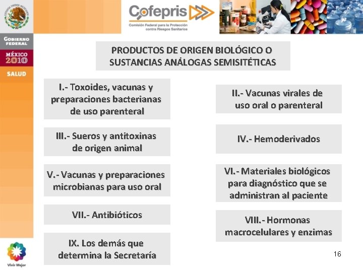 PRODUCTOS DE ORIGEN BIOLÓGICO O SUSTANCIAS ANÁLOGAS SEMISITÉTICAS I. - Toxoides, vacunas y preparaciones PRODUCTOS DE ORIGEN BIOLÓGICO O SUSTANCIAS ANÁLOGAS SEMISITÉTICAS I. - Toxoides, vacunas y preparaciones