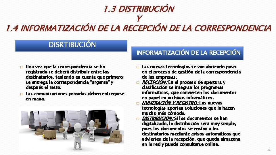1. 3 DISTRIBUCIÓN Y 1. 4 INFORMATIZACIÓN DE LA RECEPCIÓN DE LA CORRESPONDENCIA DISRTIBUCIÓN 1. 3 DISTRIBUCIÓN Y 1. 4 INFORMATIZACIÓN DE LA RECEPCIÓN DE LA CORRESPONDENCIA DISRTIBUCIÓN