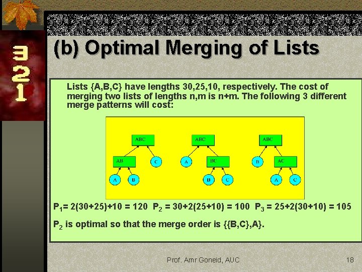 (b) Optimal Merging of Lists {A, B, C} have lengths 30, 25, 10, respectively. (b) Optimal Merging of Lists {A, B, C} have lengths 30, 25, 10, respectively.