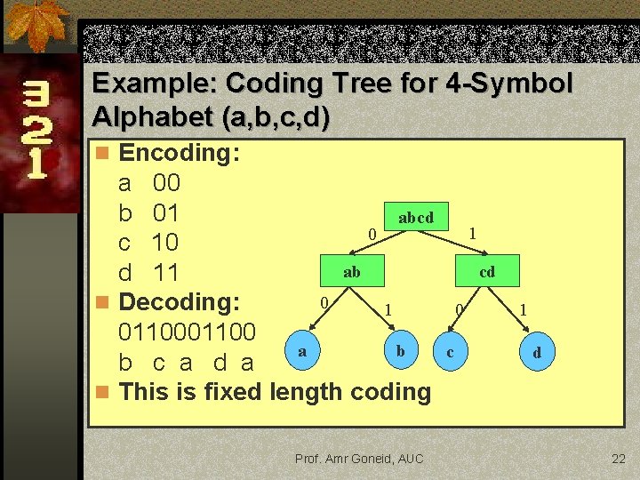 Example: Coding Tree for 4 -Symbol Alphabet (a, b, c, d) n Encoding: a Example: Coding Tree for 4 -Symbol Alphabet (a, b, c, d) n Encoding: a