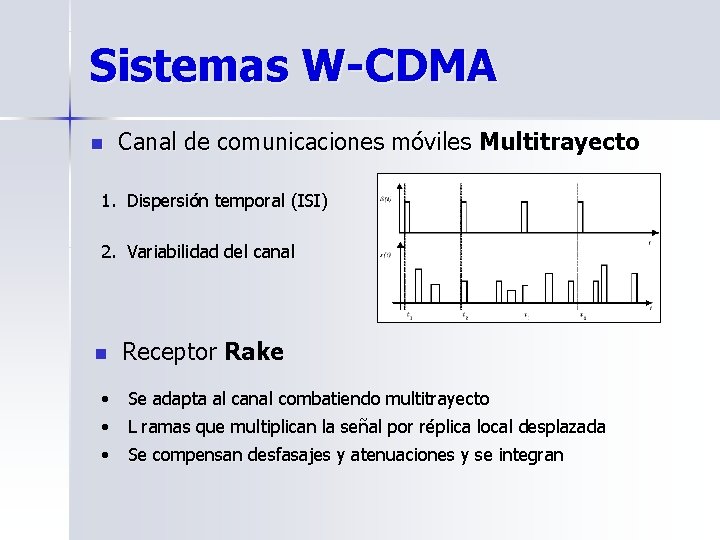 Sistemas W-CDMA n Canal de comunicaciones móviles Multitrayecto 1. Dispersión temporal (ISI) 2. Variabilidad