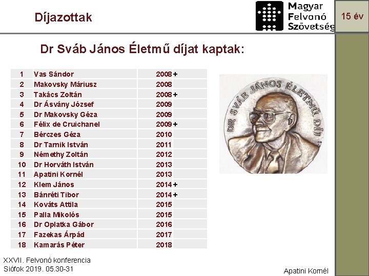 Díjazottak 15 év Dr Sváb János Életmű díjat kaptak: 1 2 3 4 5