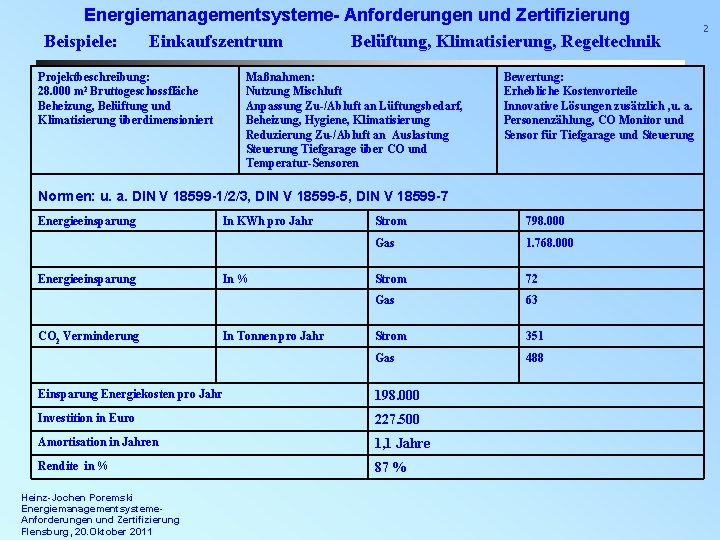 Energiemanagementsysteme- Anforderungen und Zertifizierung Beispiele: Einkaufszentrum Belüftung, Klimatisierung, Regeltechnik Projektbeschreibung: 28. 000 m 2